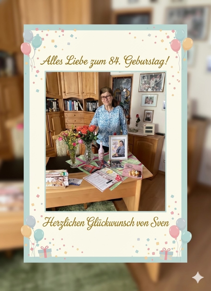Mam an ihrem Geburtstagstisch mit Blumen und Geschenken